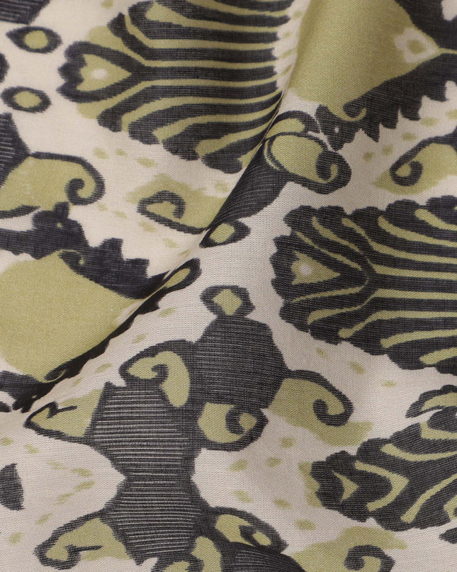 Olive Green and Charcoal Cotton Lawn Fabric with Abstract Bell Motif Print, 140 Cms Width, Made in India-D24163