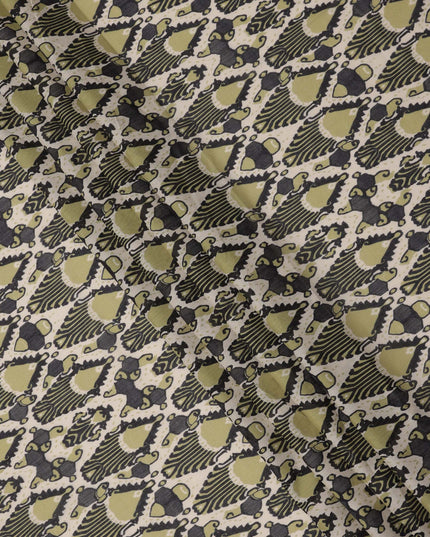 Olive Green and Charcoal Cotton Lawn Fabric with Abstract Bell Motif Print, 140 Cms Width, Made in India-D24163