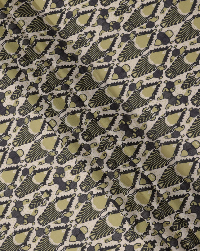 Olive Green and Charcoal Cotton Lawn Fabric with Abstract Bell Motif Print, 140 Cms Width, Made in India-D24163