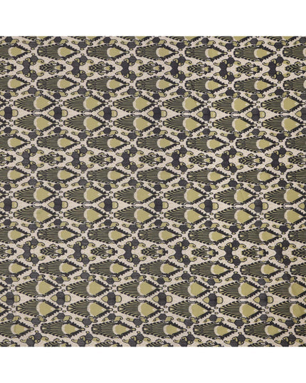 Olive Green and Charcoal Cotton Lawn Fabric with Abstract Bell Motif Print, 140 Cms Width, Made in India-D24163