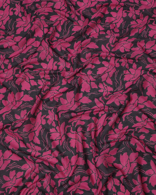 Black and Magenta Cotton Lawn Fabric with Bold Floral Print, 140 Cms Width, Made in India-D24164