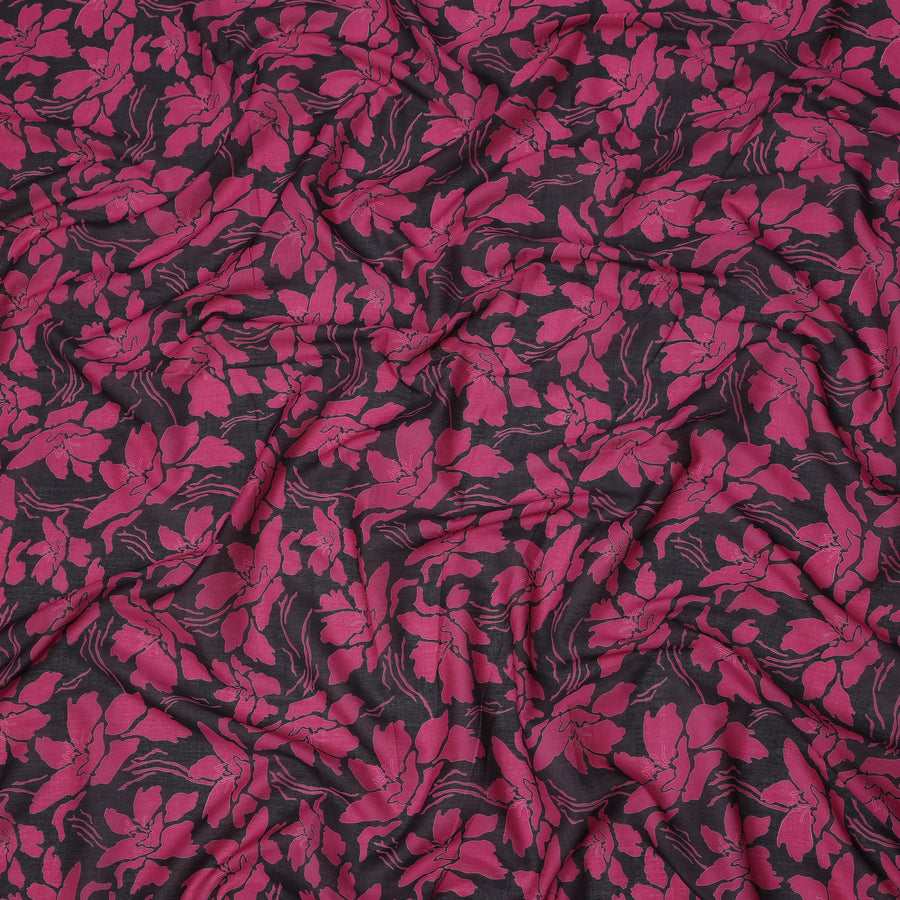 Black and Magenta Cotton Lawn Fabric with Bold Floral Print, 140 Cms Width, Made in India-D24164