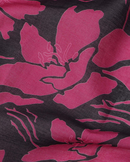 Black and Magenta Cotton Lawn Fabric with Bold Floral Print, 140 Cms Width, Made in India-D24164