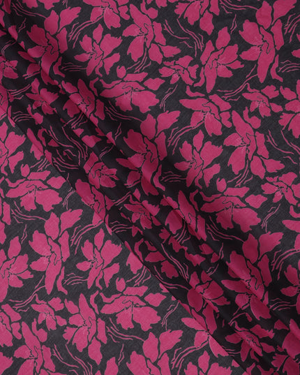 Black and Magenta Cotton Lawn Fabric with Bold Floral Print, 140 Cms Width, Made in India-D24164