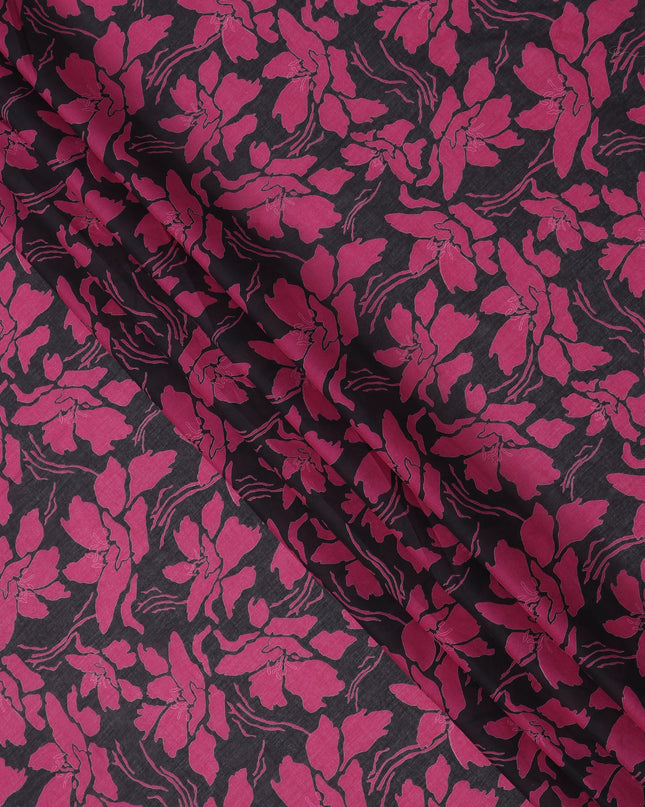 Black and Magenta Cotton Lawn Fabric with Bold Floral Print, 140 Cms Width, Made in India-D24164