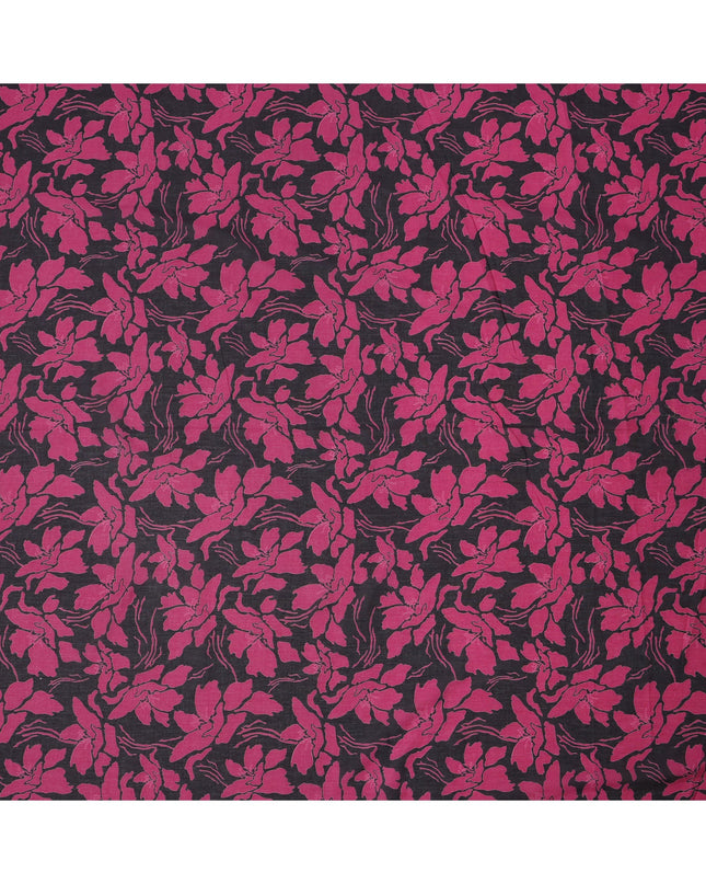 Black and Magenta Cotton Lawn Fabric with Bold Floral Print, 140 Cms Width, Made in India-D24164