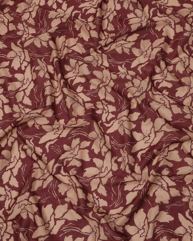 Maroon and Beige Cotton Lawn Fabric with Floral Print, 140 Cms Width, Made in India-D24165