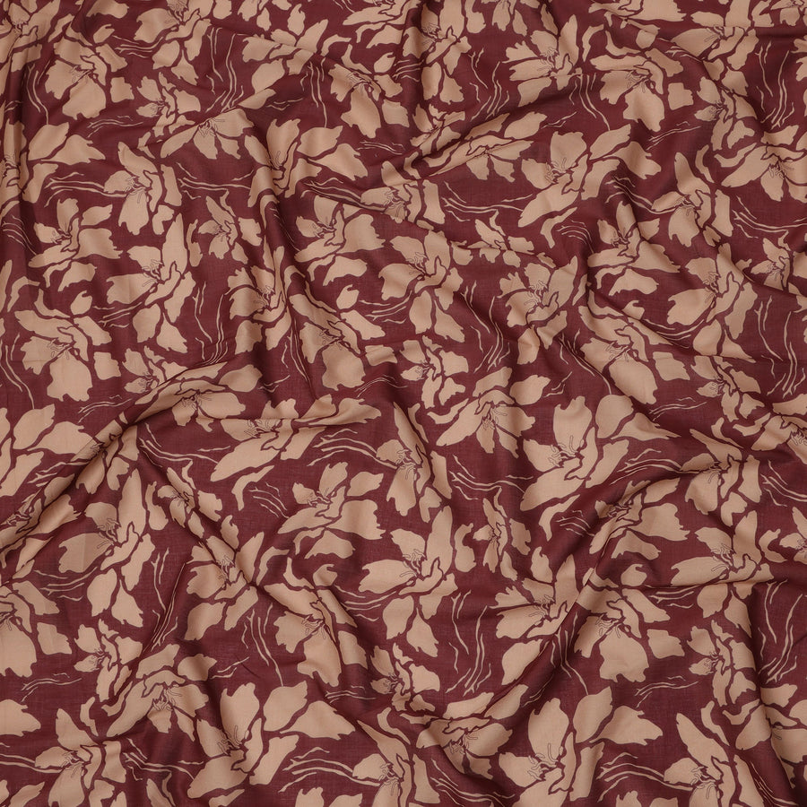 Maroon and Beige Cotton Lawn Fabric with Floral Print, 140 Cms Width, Made in India-D24165