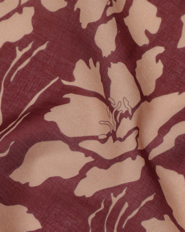 Maroon and Beige Cotton Lawn Fabric with Floral Print, 140 Cms Width, Made in India-D24165