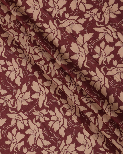 Maroon and Beige Cotton Lawn Fabric with Floral Print, 140 Cms Width, Made in India-D24165