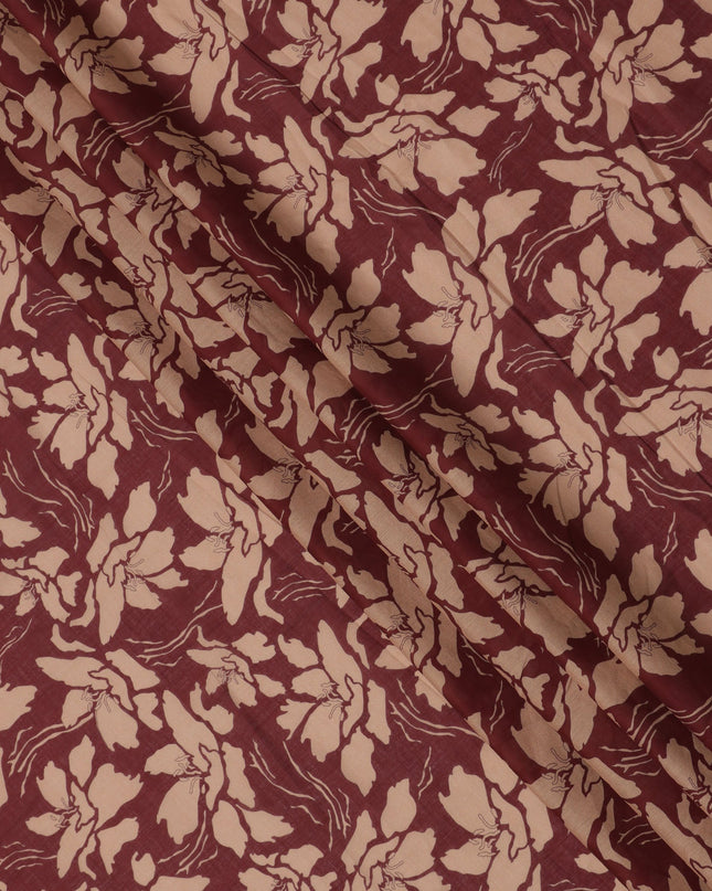 Maroon and Beige Cotton Lawn Fabric with Floral Print, 140 Cms Width, Made in India-D24165