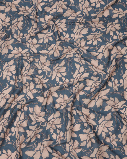 Slate Blue and Beige Cotton Lawn Fabric with Floral Print, 140 Cms Width, Made in India-D24166 Regal Fabrics