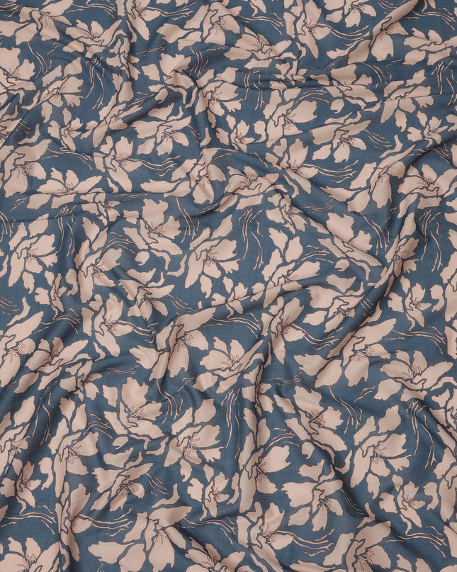 Slate Blue and Beige Cotton Lawn Fabric with Floral Print, 140 Cms Width, Made in India-D24166 Regal Fabrics