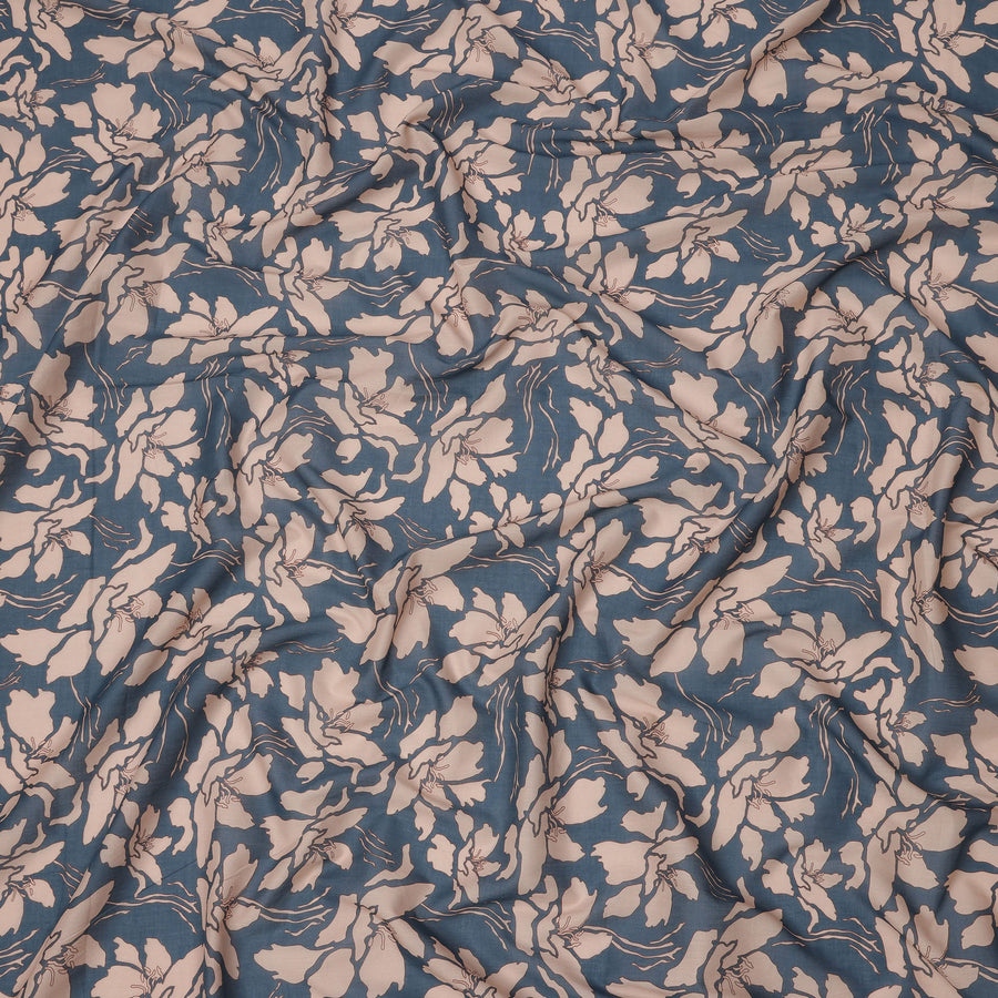 Slate Blue and Beige Cotton Lawn Fabric with Floral Print, 140 Cms Width, Made in India-D24166 Regal Fabrics