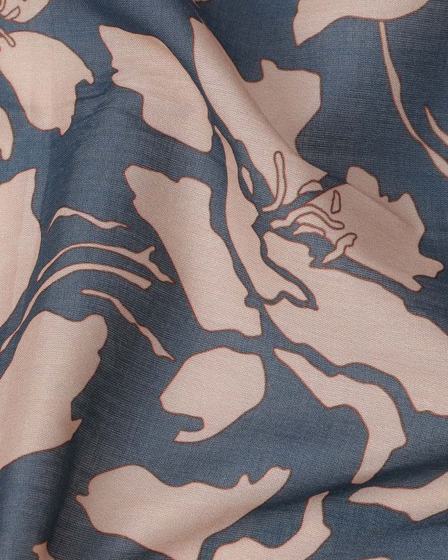 Slate Blue and Beige Cotton Lawn Fabric with Floral Print, 140 Cms Width, Made in India-D24166 Regal Fabrics