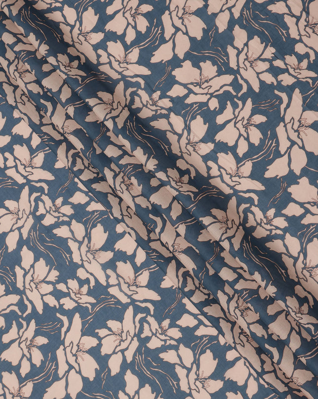 Slate Blue and Beige Cotton Lawn Fabric with Floral Print, 140 Cms Width, Made in India-D24166 Regal Fabrics