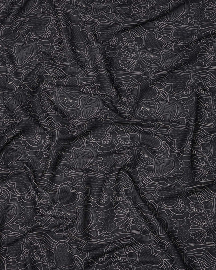 Charcoal Black Cotton Lawn Fabric with Abstract Leaf Print, 140 Cms Width, Made in India-D24167