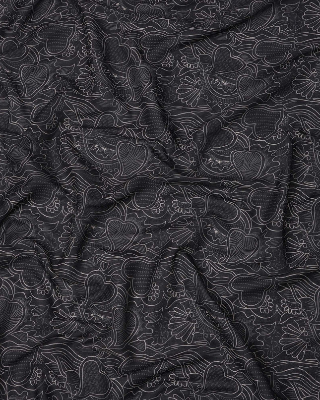 Charcoal Black Cotton Lawn Fabric with Abstract Leaf Print, 140 Cms Width, Made in India-D24167