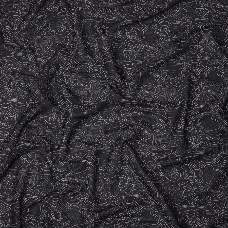 Charcoal Black Cotton Lawn Fabric with Abstract Leaf Print, 140 Cms Width, Made in India-D24167