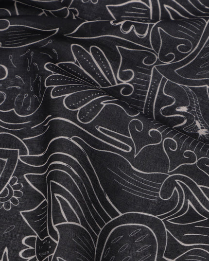Charcoal Black Cotton Lawn Fabric with Abstract Leaf Print, 140 Cms Width, Made in India-D24167