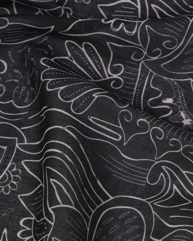 Charcoal Black Cotton Lawn Fabric with Abstract Leaf Print, 140 Cms Width, Made in India-D24167