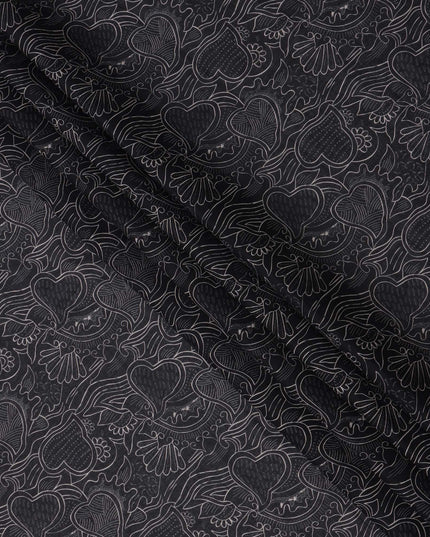 Charcoal Black Cotton Lawn Fabric with Abstract Leaf Print, 140 Cms Width, Made in India-D24167