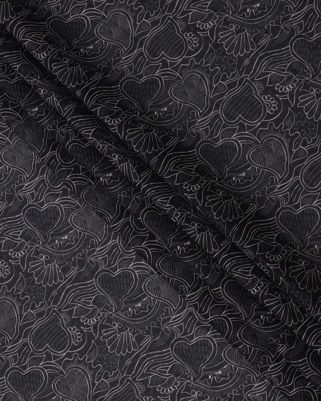 Charcoal Black Cotton Lawn Fabric with Abstract Leaf Print, 140 Cms Width, Made in India-D24167