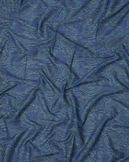 Midnight Blue Cotton Lawn Fabric with Sea Green Abstract Floral Print, 140 Cms Width, Made in India-D24168