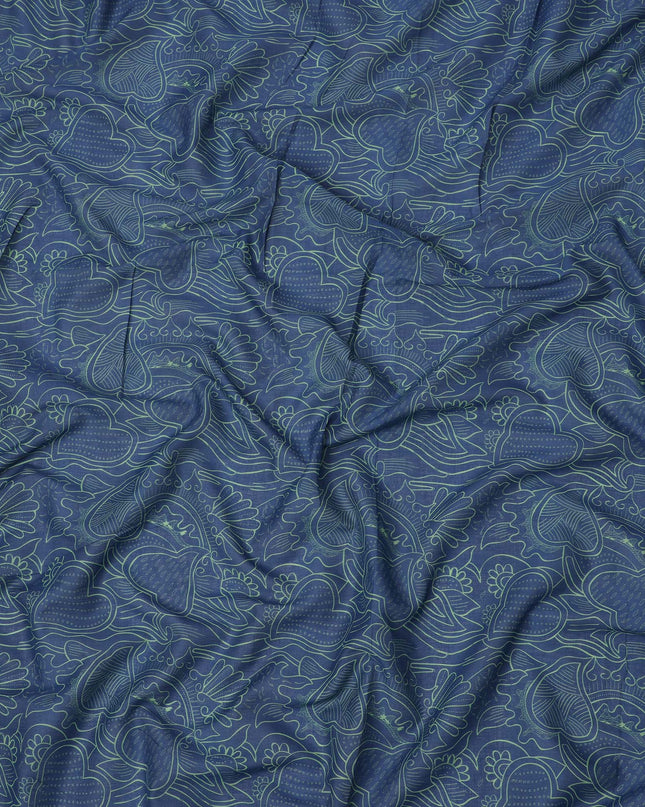 Midnight Blue Cotton Lawn Fabric with Sea Green Abstract Floral Print, 140 Cms Width, Made in India-D24168