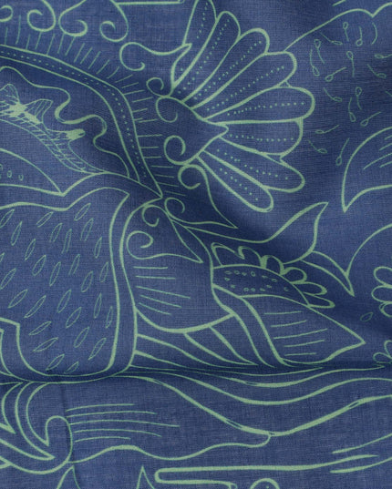 Midnight Blue Cotton Lawn Fabric with Sea Green Abstract Floral Print, 140 Cms Width, Made in India-D24168