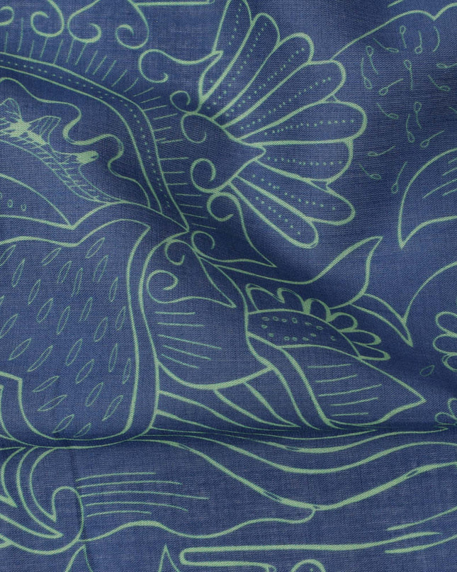 Midnight Blue Cotton Lawn Fabric with Sea Green Abstract Floral Print, 140 Cms Width, Made in India-D24168