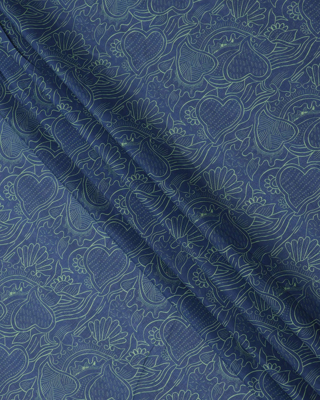 Midnight Blue Cotton Lawn Fabric with Sea Green Abstract Floral Print, 140 Cms Width, Made in India-D24168