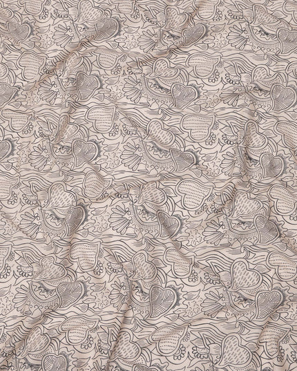 Beige Cotton Lawn Fabric with Black Abstract Floral Print, 140 Cms Width, Made in India-D24169