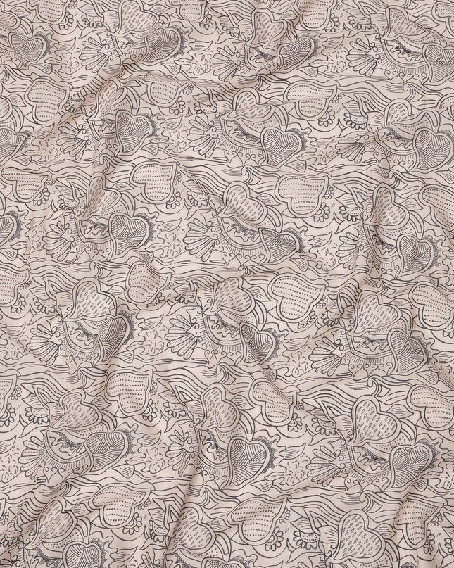 Beige Cotton Lawn Fabric with Black Abstract Floral Print, 140 Cms Width, Made in India-D24169
