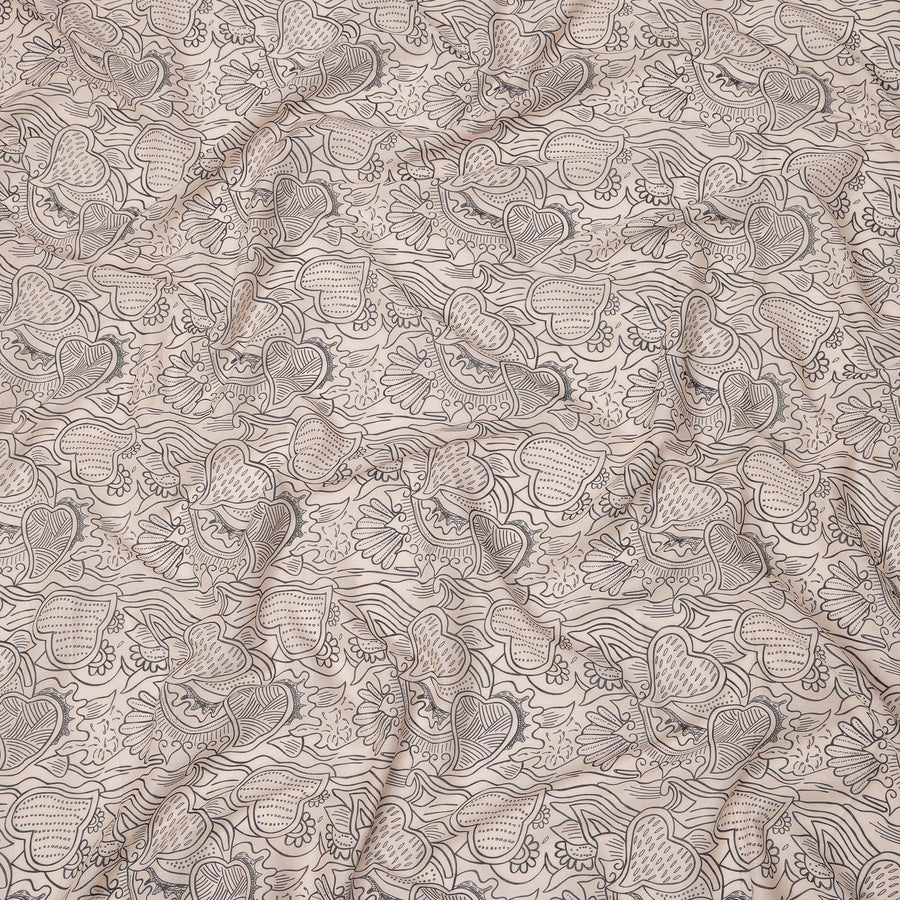 Beige Cotton Lawn Fabric with Black Abstract Floral Print, 140 Cms Width, Made in India-D24169