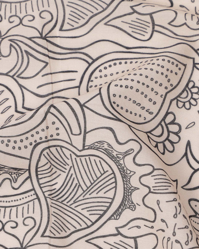 Beige Cotton Lawn Fabric with Black Abstract Floral Print, 140 Cms Width, Made in India-D24169