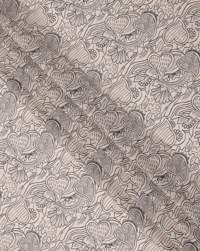 Beige Cotton Lawn Fabric with Black Abstract Floral Print, 140 Cms Width, Made in India-D24169