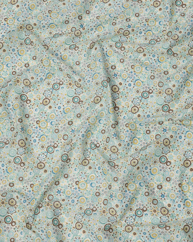 Soft Aqua Cotton Lawn Fabric with Multicolor Floral Mosaic Print, 110 Cms Width, Made in Japan-D24170