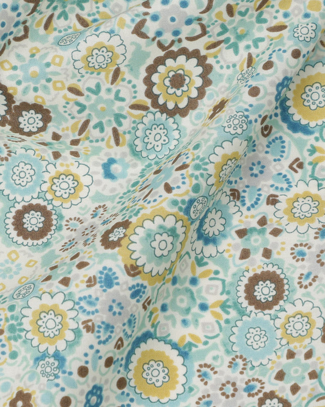 Soft Aqua Cotton Lawn Fabric with Multicolor Floral Mosaic Print, 110 Cms Width, Made in Japan-D24170