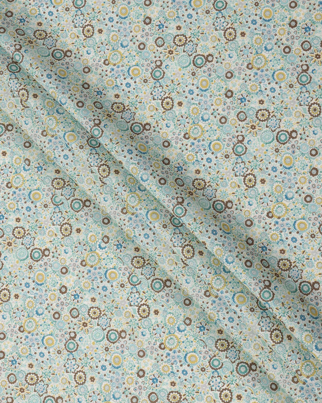 Soft Aqua Cotton Lawn Fabric with Multicolor Floral Mosaic Print, 110 Cms Width, Made in Japan-D24170