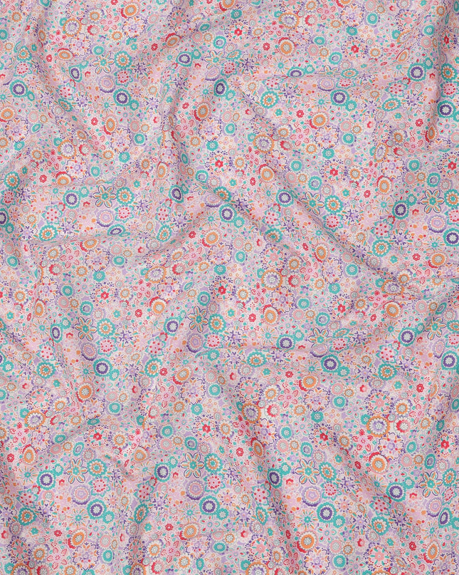 Blush Pink Cotton Lawn Fabric with Multicolor Floral Tile Print, 110 Cms Width, Made in Japan-D24172