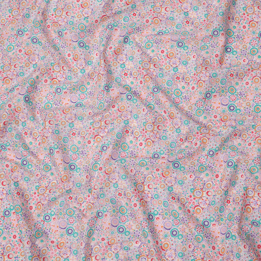 Blush Pink Cotton Lawn Fabric with Multicolor Floral Tile Print, 110 Cms Width, Made in Japan-D24172