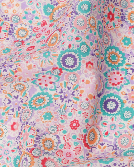 Blush Pink Cotton Lawn Fabric with Multicolor Floral Tile Print, 110 Cms Width, Made in Japan-D24172