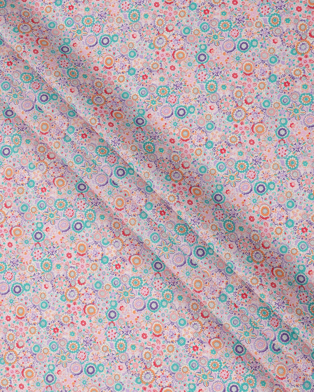 Blush Pink Cotton Lawn Fabric with Multicolor Floral Tile Print, 110 Cms Width, Made in Japan-D24172