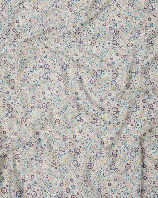 Ivory Beige Cotton Lawn Fabric with Pastel Floral Tile Print, 110 Cms Width, Made in Japan-D24173
