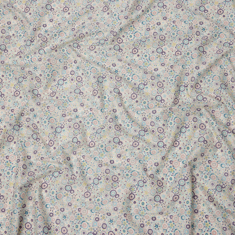 Ivory Beige Cotton Lawn Fabric with Pastel Floral Tile Print, 110 Cms Width, Made in Japan-D24173