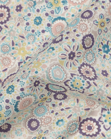 Ivory Beige Cotton Lawn Fabric with Pastel Floral Tile Print, 110 Cms Width, Made in Japan-D24173