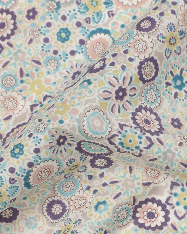 Ivory Beige Cotton Lawn Fabric with Pastel Floral Tile Print, 110 Cms Width, Made in Japan-D24173