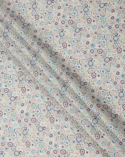 Ivory Beige Cotton Lawn Fabric with Pastel Floral Tile Print, 110 Cms Width, Made in Japan-D24173
