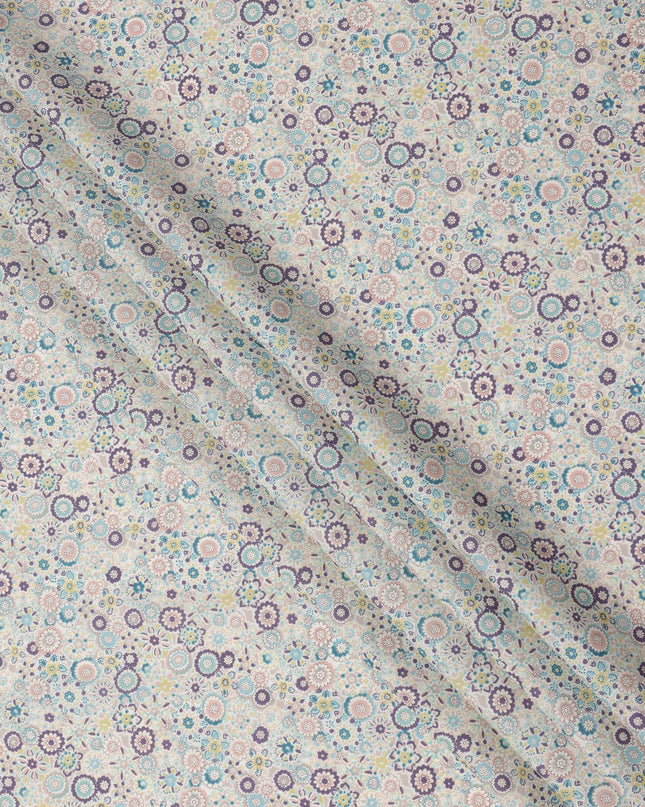 Ivory Beige Cotton Lawn Fabric with Pastel Floral Tile Print, 110 Cms Width, Made in Japan-D24173